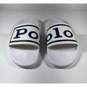 POLO Ralph Lauren Logo Spellout Slides Sandals White Blue Men's‎ Size 13 *NEW*